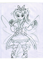 Size: 1024x1470 | Tagged: safe, artist:pokecure123, fluttershy, equestria girls, crossover, cure kindness, fanart, precure, sketch, solo, traditional art