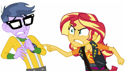 Size: 2731x1536 | Tagged: safe, edit, edited screencap, editor:lonely fanboy48, screencap, microchips, sunset shimmer, better together, equestria girls, forgotten friendship, angry, background removed, clothes, geode of empathy, glasses, magical geodes, pointing, scared, shrunken pupils, simple background