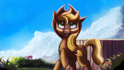 Size: 3840x2160 | Tagged: safe, artist:hierozaki, applejack, oc, oc:ponkey, earth pony, pony, grin, looking up, raised hoof, smiling, soon, watching