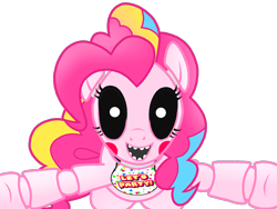 Size: 2048x1536 | Tagged: safe, artist:birdivizer, pinkie pie, earth pony, pony, robot, animatronic, chica pie, creepy, five nights at aj's 2, five nights at freddy's, glowing eyes, jumpscare, looking at you, rainbow power, sharp teeth, simple background, solo, toy pinkica, transparent background