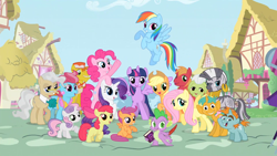 Size: 1920x1080 | Tagged: safe, derpibooru import, screencap, apple bloom, applejack, big macintosh, carrot cake, cup cake, fluttershy, granny smith, mayor mare, pinkie pie, rainbow dash, rarity, scootaloo, snails, snips, spike, sweetie belle, twilight sparkle, twilight sparkle (alicorn), zecora, alicorn, dragon, earth pony, pegasus, pony, unicorn, zebra, season 4, cute, cutie mark crusaders, female, friendship journal, intro, jackabetes, mane seven, mane six, mare, ponyville, quill