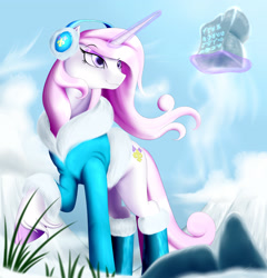 Size: 3500x3648 | Tagged: safe, artist:bludraconoid, derpibooru import, fleur-de-lis, earmuffs, glowing horn, magic, solo, telekinesis, unshorn fetlocks, winter outfit