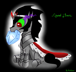 Size: 800x758 | Tagged: safe, artist:binikastar, derpibooru import, king sombra, pony, unicorn, armor, cape, clothes, colored horn, crystal heart, curved horn, cute, horn, male, mouth hold, solo, sombra eyes, sombradorable, stallion