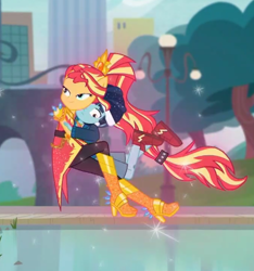 Size: 448x478 | Tagged: safe, screencap, henry handle, manestrum, sunset shimmer, better together, equestria girls, super squad goals, bike helmet, boots, canterlot city, clothes, crystal guardian, helmet, high heel boots, legs, legs in air, levitation, magic, male, ponied up, shoes, shorts, sneakers, telekinesis