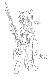 Size: 650x1000 | Tagged: safe, artist:sepiakeys, derpy hooves, anthro, breasts, clothes, cloths, cosplay, costume, delicious flat chest, female, grenade, gun, handgun, lineart, metal gear solid 5, pantyhose, pistol, quiet (metal gear), rifle, ripped pantyhose, sniper, sniper rifle, solo, weapon