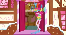 Size: 1649x896 | Tagged: safe, artist:ohohokapi, pinkie pie, human, equestria girls, pinkie pride, balloon, clothes, costume, equestria girls interpretation, female, glasses, legs, scene interpretation, solo, solo female, sugarcube corner, sunglasses