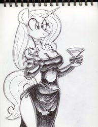 Size: 848x1098 | Tagged: safe, artist:trollie trollenberg, derpibooru import, fleur-de-lis, anthro, breasts, cleavage, clothes, cocktail, dress, evening gloves, female, fleur-de-seins, little black dress, monochrome, side slit, solo, traditional art