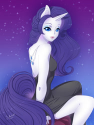 Size: 600x800 | Tagged: safe, artist:yutaila, rarity, human, beautiful, clothes, cutie mark, dress, eared humanization, horned humanization, humanized, little black dress, necklace, night, pony coloring, sitting, solo, sparkle, tailed humanization