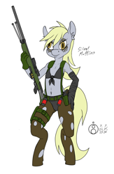 Size: 650x1000 | Tagged: safe, artist:sepiakeys, derpy hooves, breasts, clothes, cloths, cosplay, costume, delicious flat chest, female, grenade, gun, handgun, metal gear solid 5, pantyhose, pistol, quiet (metal gear), rifle, ripped pantyhose, sniper, sniper rifle, solo, weapon