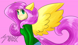 Size: 6000x3500 | Tagged: safe, artist:snarkdreamer, fluttershy, human, blushing, eared humanization, humanized, solo, tailed humanization, winged humanization