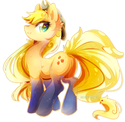 Size: 2051x2000 | Tagged: safe, artist:koveliana, applejack, earth pony, pony, chromatic aberration, color porn, fireproof boots, heart eyes, looking back, simple background, solo, transparent background, wingding eyes