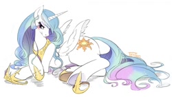 Size: 850x480 | Tagged: safe, artist:tenten, princess celestia, alicorn, pony, bedroom eyes, blushing, cute, cutelestia, female, hoof shoes, looking at you, mare, simple background, smiling, solo, underhoof, white background