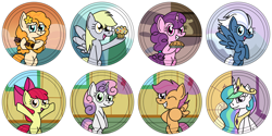 Size: 4500x2250 | Tagged: safe, artist:toonboy92484, apple bloom, derpy hooves, night glider, pear butter, princess celestia, scootaloo, sugar belle, sweetie belle, alicorn, pony, buttons