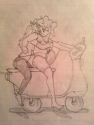 Size: 960x1280 | Tagged: safe, derpibooru import, pinkie pie, rainbow dash, human, breasts, female, friendshipping, humanized, lined paper, monochrome, moped, sketch, traditional art