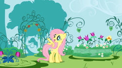 Size: 1920x1080 | Tagged: safe, artist:shelltoon, fluttershy, pegasus, pony, arch, artifact, canterlot gardens, flower, garden, happy, solo, wallpaper