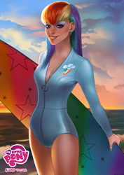 Size: 1024x1449 | Tagged: safe, artist:aleksviktoria, derpibooru import, part of a series, part of a set, rainbow dash, human, clothes, ear piercing, earring, female, humanized, jewelry, makeup, ocean, piercing, solo, sunset, surfboard, swimsuit