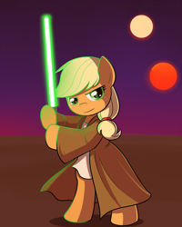 Size: 2000x2500 | Tagged: safe, artist:drawponies, applejack, earth pony, pony, bipedal, crossover, hatless, jedi, lightsaber, missing accessory, solo, star wars, tatooine