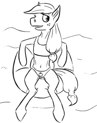 Size: 953x1205 | Tagged: safe, artist:tempusfidgets, applejack, earth pony, pony, semi-anthro, clothes, inflatable donut, monochrome, solo, summer, swimming donut, swimming pool, swimsuit