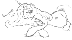 Size: 1154x641 | Tagged: safe, artist:patch, derpibooru import, fleur-de-lis, annoyed, belly, fleurtility, frown, kicking, messy mane, monochrome, pregnant, prone, sketch, solo, tired