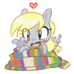 Size: 750x750 | Tagged: safe, artist:jitterbugjive, derpy hooves, pegasus, pony, blushing, chibi, clothes, cute, derpabetes, eye clipping through hair, female, fourth doctor's scarf, heart, key, lovestruck derpy, mare, scarf, simple background, solo, white background