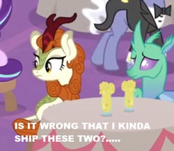 Size: 410x358 | Tagged: safe, edit, edited screencap, screencap, autumn blaze, earl grey, soupling, starlight glimmer, changedling, changeling, kirin, pony, the last problem, applesauce, autumn soup, chair, coronation, crack shipping, cropped, glass, looking to the left, ponies sitting next to each other, question, shipping, sitting, table, text