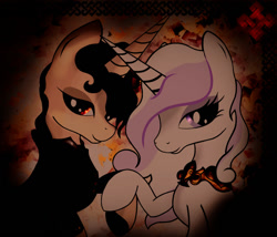 Size: 966x828 | Tagged: safe, artist:pedrohander, derpibooru import, fleur-de-lis, oc, oc:gray compass, pony, unicorn, abstract background, couple, dark, digital art, duo, evil, female, gimp, lidded eyes, male, mare, stallion