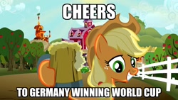 Size: 1280x720 | Tagged: safe, screencap, applejack, earth pony, pony, cider, football, germany, image macro, meme, solo, world cup