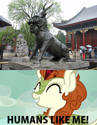 Size: 636x818 | Tagged: safe, edit, edited screencap, screencap, autumn blaze, kirin, sounds of silence, awwtumn blaze, beijing, china, cute, irl, photo, statue