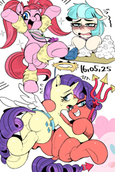 Size: 1027x1535 | Tagged: safe, artist:nekubi, coco pommel, pacific glow, rarity, pony, unicorn, the saddle row review, angel rarity, angel rearity, angel x devil, armpits, bipedal, blushing, cold, devil rarity, dock, duality, featureless crotch, haylo, leg warmers, looking at you, looking back, necklace, open mouth, pacifier, pigtails, plot, rearity, sick, smiling, spread legs, spreading, tissue, tissue box, trident, underhoof, wink