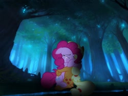 Size: 1032x774 | Tagged: safe, artist:mcflurrylazermuffin, applejack, pinkie pie, earth pony, pony, crying, forest, happy, hug, tears of joy, tree