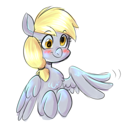 Size: 578x580 | Tagged: safe, artist:jitterbugjive, derpy hooves, pegasus, pony, alternate hairstyle, blushing, bust, chest fluff, cute, derpabetes, simple background, solo, white background