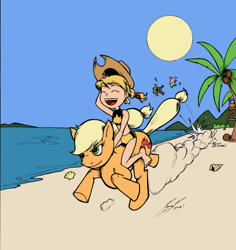 Size: 869x920 | Tagged: safe, artist:asrialfeeple, color edit, applejack, human, accessory swap, beach, clothes, colored, crossover, feet, human on top, humans riding ponies, katie power, marvel, patrick star, power pack, riding, running, spongebob squarepants, swimsuit