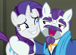 Size: 546x394 | Tagged: safe, screencap, mr. stripes, rarity, pony, unicorn, the saddle row review, awkward hug, awkward moment, awkward smile, cheek squish, female, grin, hug, mare, mr stripes, nervous, nervous grin, smiling, squishy cheeks, teeth