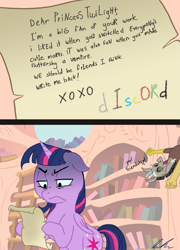 Size: 877x1220 | Tagged: safe, artist:c-puff, derpibooru import, discord, twilight sparkle, twilight sparkle (alicorn), alicorn, pony, comic, female, letter, mare, unamused