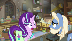 Size: 1920x1080 | Tagged: safe, screencap, starlight glimmer, pony, student counsel, barrel, book, bracelet, brush, clock, jewelry, lantern, saddle bag, store, telescope