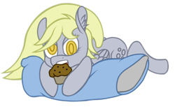 Size: 1000x612 | Tagged: safe, artist:sepiakeys, derpy hooves, pegasus, pony, bubble butt, female, food, laying on stomach, mare, muffin, pillow, solo