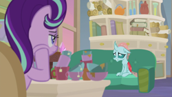 Size: 1920x1080 | Tagged: safe, screencap, ocellus, starlight glimmer, changeling, unicorn, student counsel, book, scroll, sofa, starlight's office