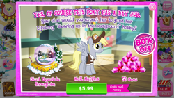 Size: 1136x640 | Tagged: safe, derpy hooves, fluttershy, meadowbrook, pony of shadows, pegasus, pony, advertisement, costs real money, food, gameloft, mailmare, meta, official, snow globe, that one nameless background pony we all know and love