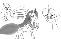 Size: 2500x1600 | Tagged: safe, artist:yakoshi, princess celestia, alicorn, pony, female, horn, mare, monochrome, solo