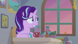 Size: 1920x1080 | Tagged: safe, screencap, starlight glimmer, pony, unicorn, student counsel, bracelet, female, jewelry, mare, sitting, solo, starlight's office, window