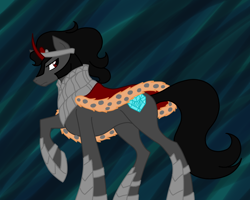 Size: 1000x800 | Tagged: safe, artist:aph-canako, derpibooru import, king sombra, pony, umbrum, unicorn, alternate cutie mark, armor, bevor, black mane, boots, cape, clothes, colored horn, crown, curved horn, cutie mark, gray coat, helmet, horn, jewelry, male, regalia, shoes, simple background, solo, sombra horn, sombra's cutie mark, sombra's robe, stallion