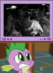 Size: 362x494 | Tagged: safe, derpibooru import, spike, dragon, insect, creepy, exploitable meme, king kong, meme, movie, obligatory pony, pit, scared, scary, television, tentacles, tv meme