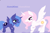 Size: 1024x678 | Tagged: safe, artist:blowinbubblebrony123, princess celestia, princess luna, alicorn, pony, cewestia, dialogue, filly, pink-mane celestia, simple background, sunshine sunshine, woona, younger