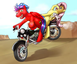 Size: 1037x864 | Tagged: safe, artist:tarenest, angel bunny, fluttershy, oc, pegasus, pony, motorcycle