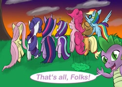 Size: 1063x752 | Tagged: safe, artist:lizardwithhat, applejack, fluttershy, pinkie pie, rainbow dash, rarity, spike, starlight glimmer, twilight sparkle, twilight sparkle (alicorn), alicorn, dragon, earth pony, pegasus, pony, unicorn, cloud, end of ponies, speech bubble, sunset