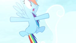 Size: 1702x957 | Tagged: safe, artist:brutalweather studio, rainbow dash, pegasus, pony, belly, cloud, derp, featureless crotch, flying, great moments in animation, midair, scared, shocked, show accurate, sky, spread legs, spreading, wide eyes, wide hips