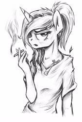 Size: 2223x3294 | Tagged: safe, artist:navigatoralligator, derpibooru import, fleur-de-lis, anthro, cigarette, messy mane, monochrome, smoking, solo