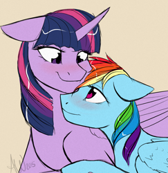 Size: 1024x1055 | Tagged: safe, artist:fairdahlia, derpibooru import, rainbow dash, twilight sparkle, twilight sparkle (alicorn), alicorn, pegasus, pony, blushing, cute, female, floppy ears, lesbian, mare, neck nuzzle, nuzzling, prone, shipping, smiling, twidash