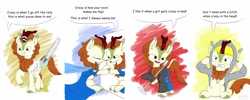 Size: 4000x1600 | Tagged: safe, artist:rockhoppr3, autumn blaze, pony, baseball bat, clothes, comic, crazy ex-girlfriend, dress, hoodie, jacket, leather jacket, microphone stand, rachel bloom, singing, solo, speech bubble, voice actor joke, vulgar