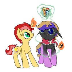 Size: 2000x2000 | Tagged: safe, artist:ezupack, derpibooru import, applejack, rainbow dash, oc, oc only, oc:ember flare, oc:tozuma, changeling, earth pony, pegasus, pony, unicorn, 2019 community collab, appledash, blue changeling, changeling oc, derpibooru community collaboration, fangs, female, lesbian, looking up, shipper on deck, shipping, simple background, transparent background, voodoo doll